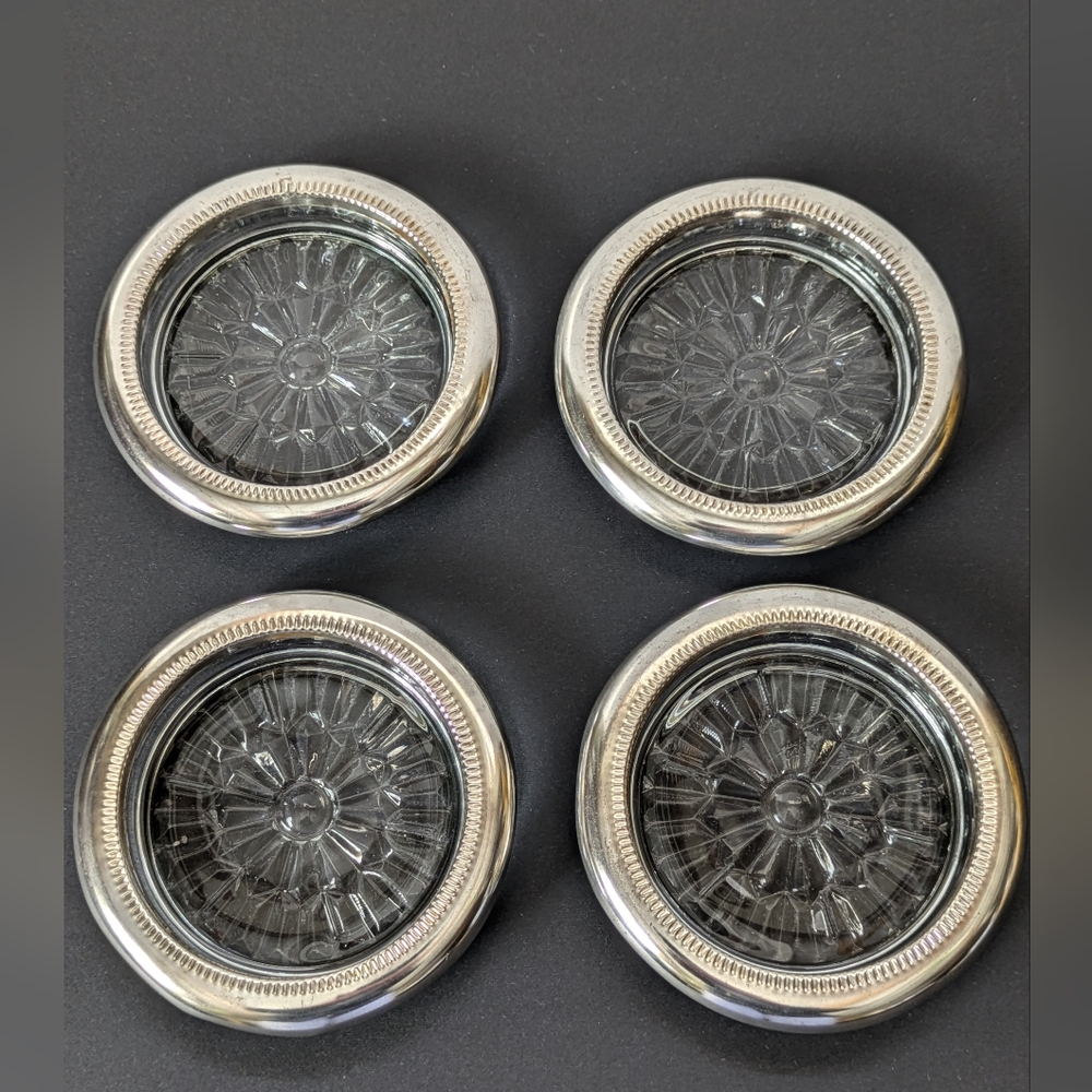 Vintage Glass & Silver Plate Drink Coasters Set of 4 As Is